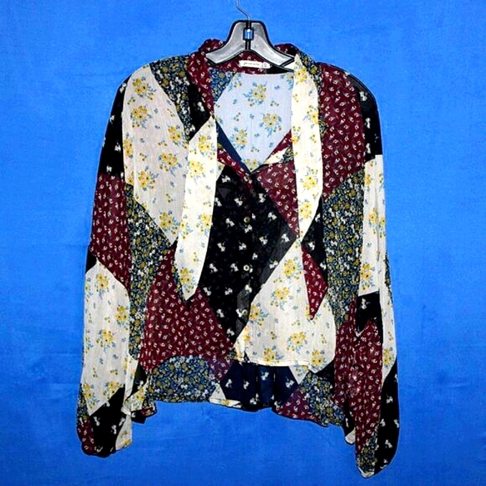 Stradivarius Patchwork Floral Sheer Blouse L